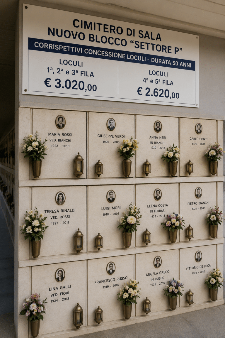 Cimitero di Sala, pronti 105 nuovi loculi: concessioni fino a 3.020 euro