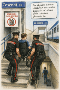 Ascensore della stazione ancora fuori servizio: carabinieri trasportano un disabile fino al binario